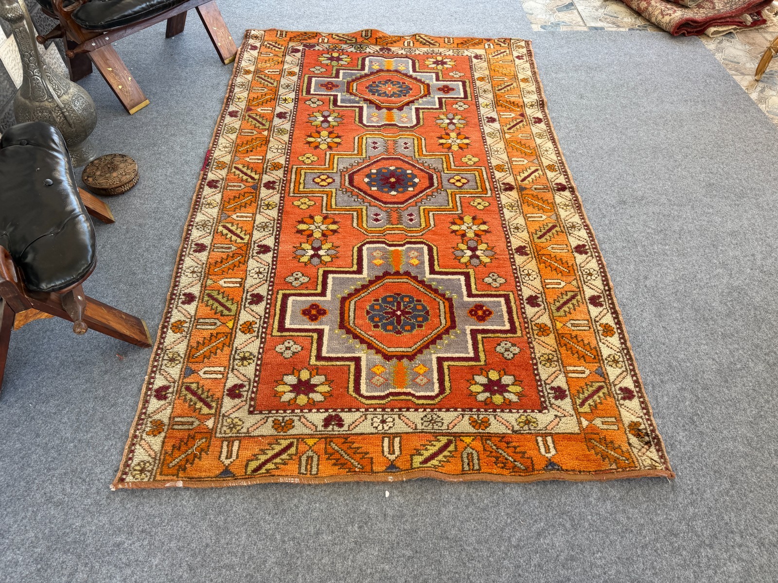 Vintage Caucasian Rug 4×7 Handmade Wool Rug Geometric Tribal Medallion Kazak Rug