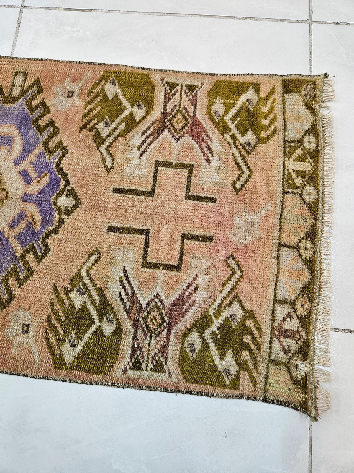 Small Green Turkish Rug, Vintage Bath Mat (1.5 x 3 ft)
