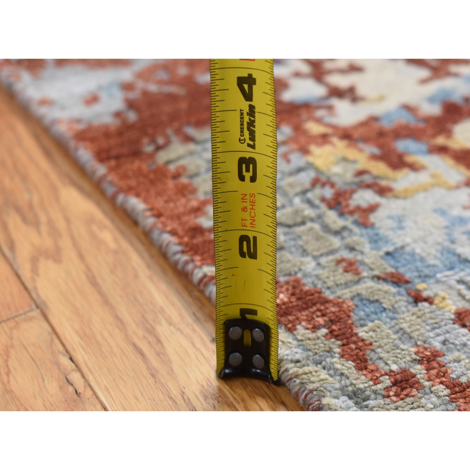 2’6″x5’10” Gray Wool and Silk Abstract Design Hand Knotted Runner Rug R87351