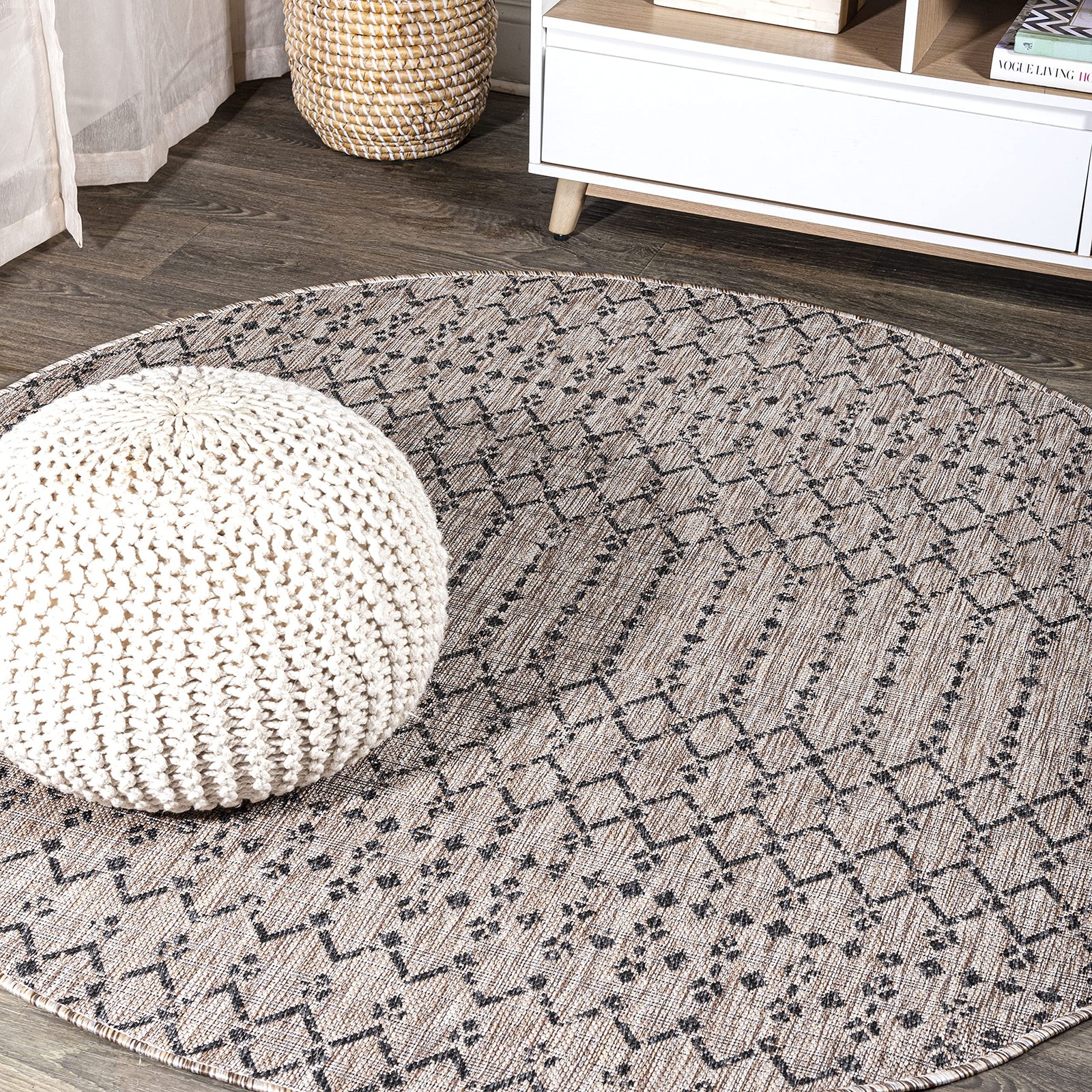 6ft Round Black and Khaki Indoor Outdoor Rug Boho Chic Geometric Style