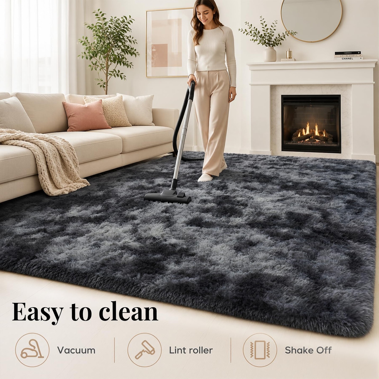 8×10 Area Rugs for Living Room 8′ x 10′ (Rectangular), Tie-dyed Dark Grey