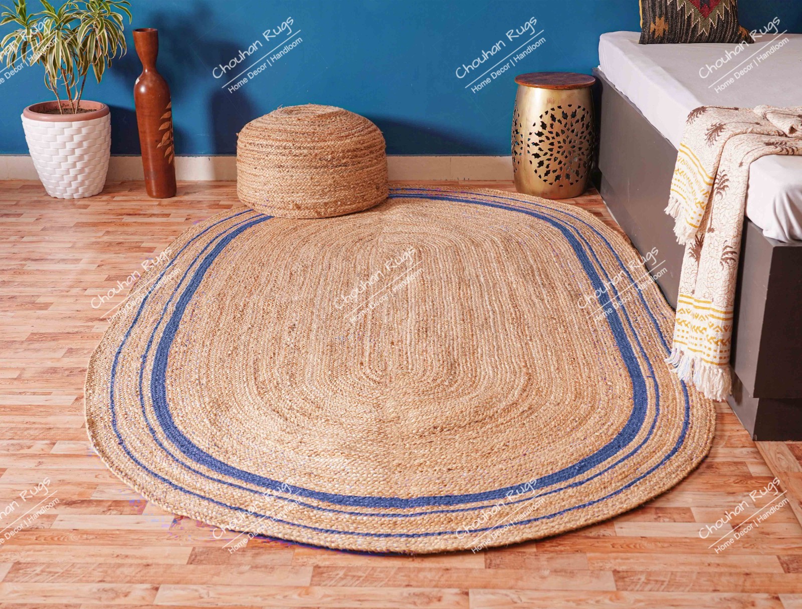 Custom Size 6×9 Ft Natural Oval Jute Rug with Blue Border Floor Decor Area Rug