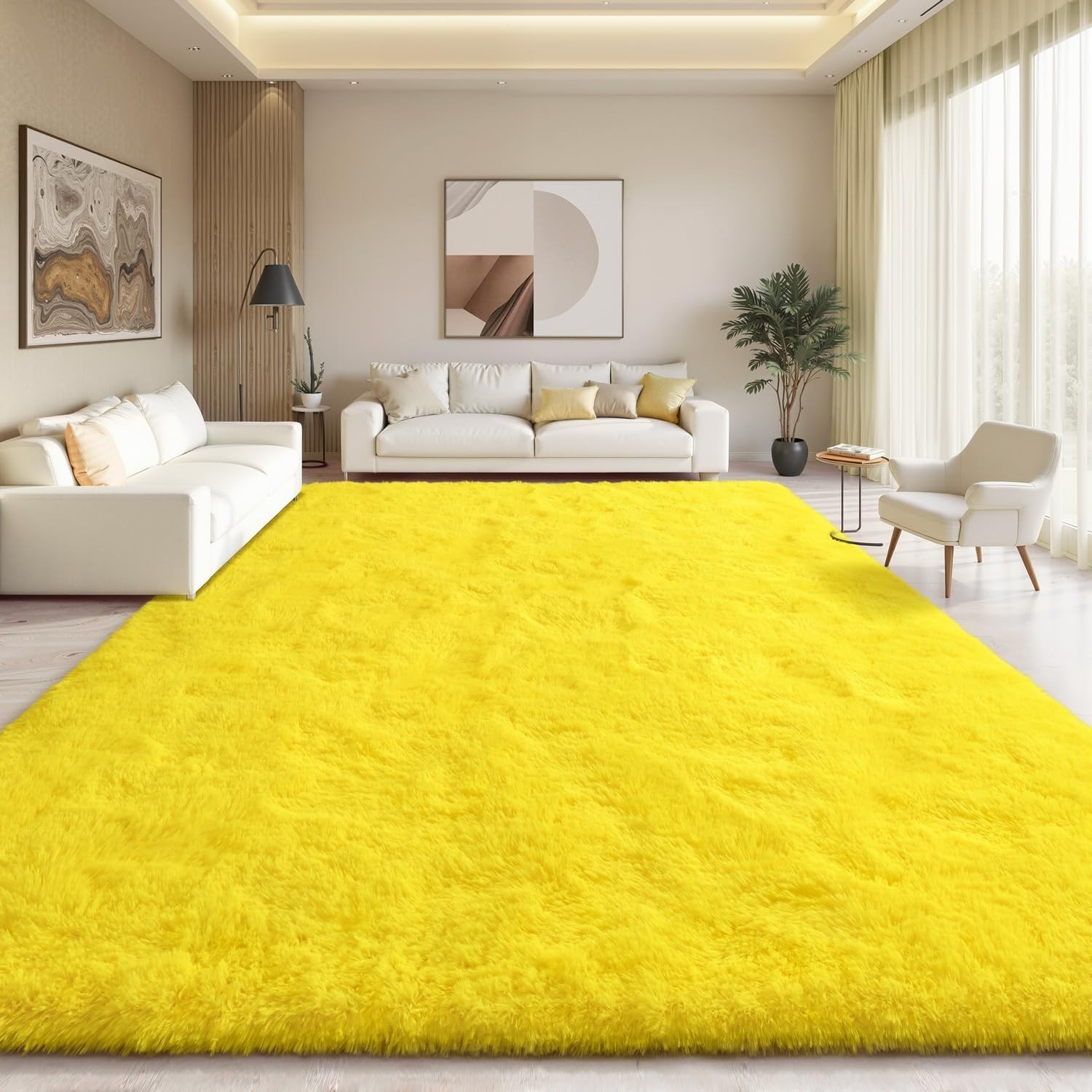 Fluffy Area Rug 8×10 Yellow Ultra Soft Plush Carpet Mat for Living Room Floor