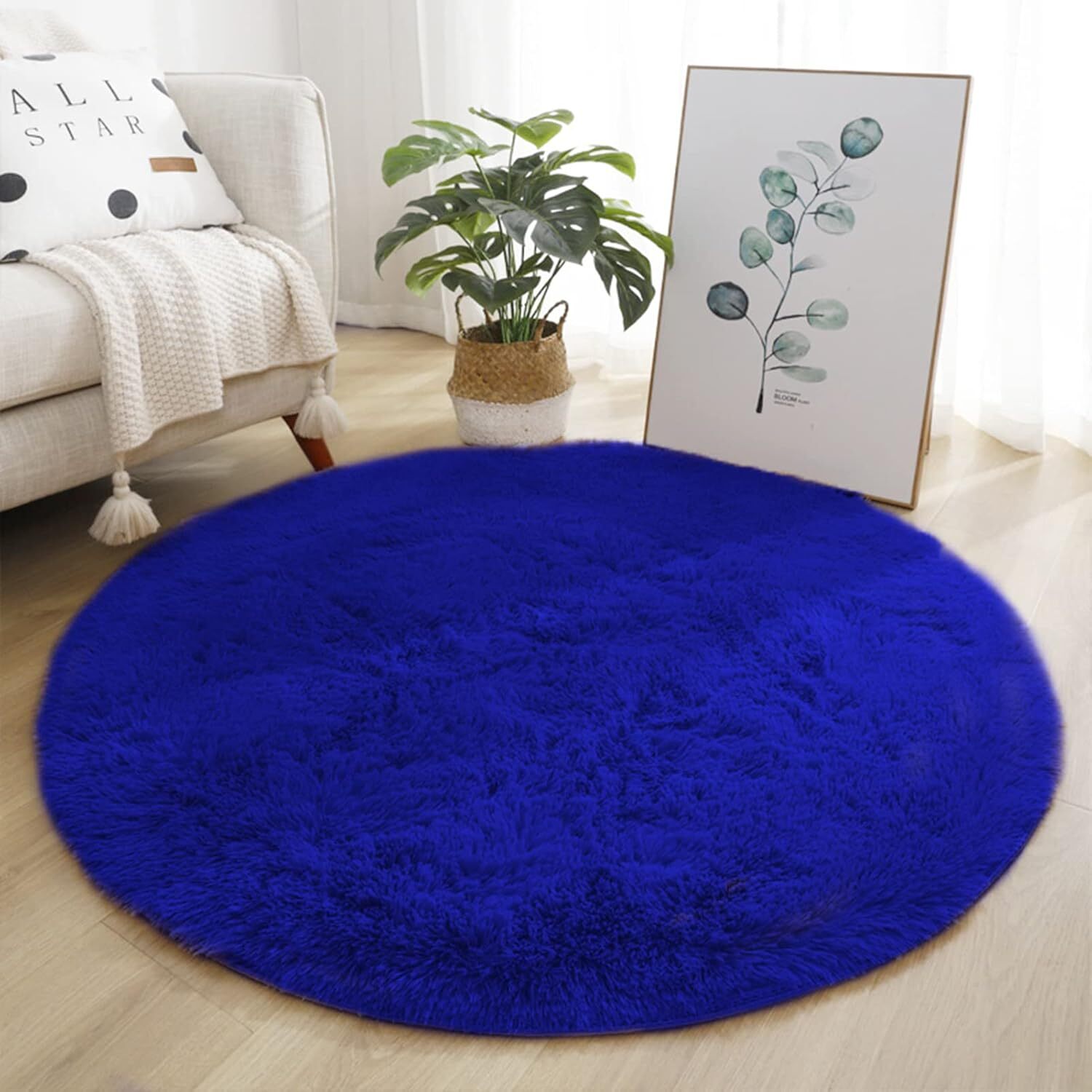 Soft Fluffy Round Area Rug, Cozy Plush Shaggy Circle Carpet 2.6 Feet Royal Blue