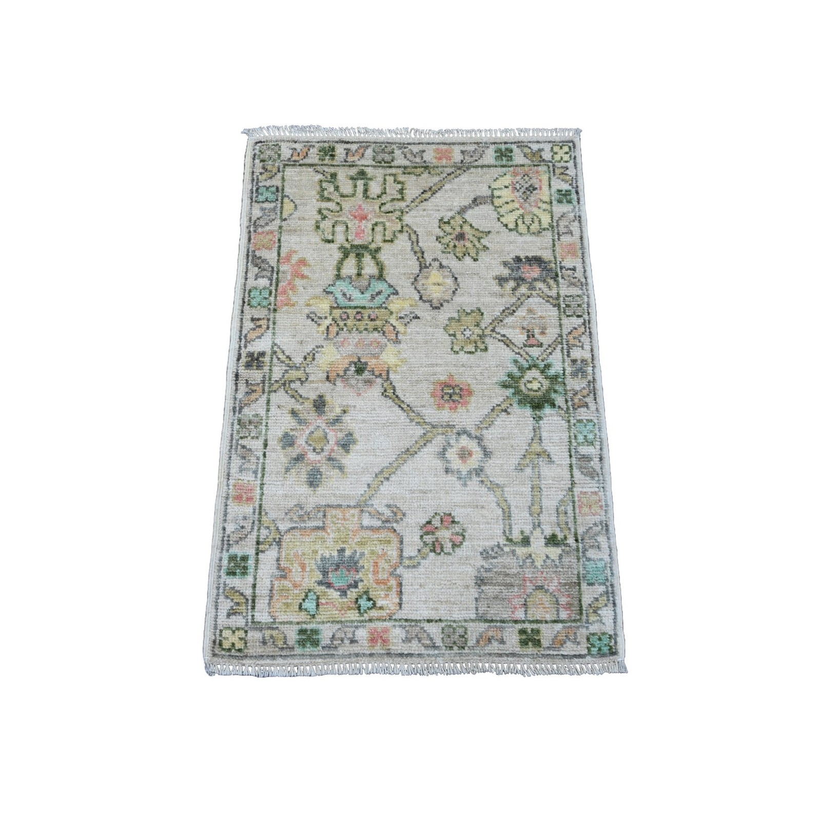 2′ x 3′ White Afghan Angora Oushak Leaf Pattern Hand Knotted Wool Mat Rug R20319