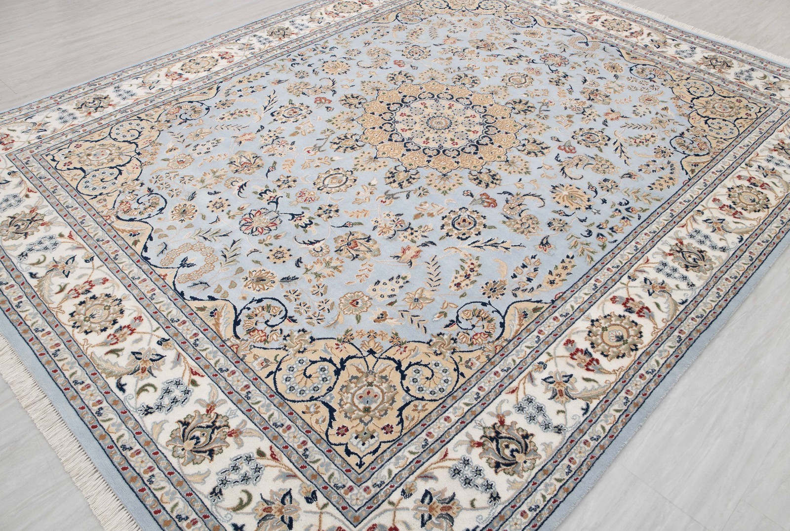 Persiann Medallion Nain Blue Ivory Wool Silk Super Fine Weave Hand Knotted Rug