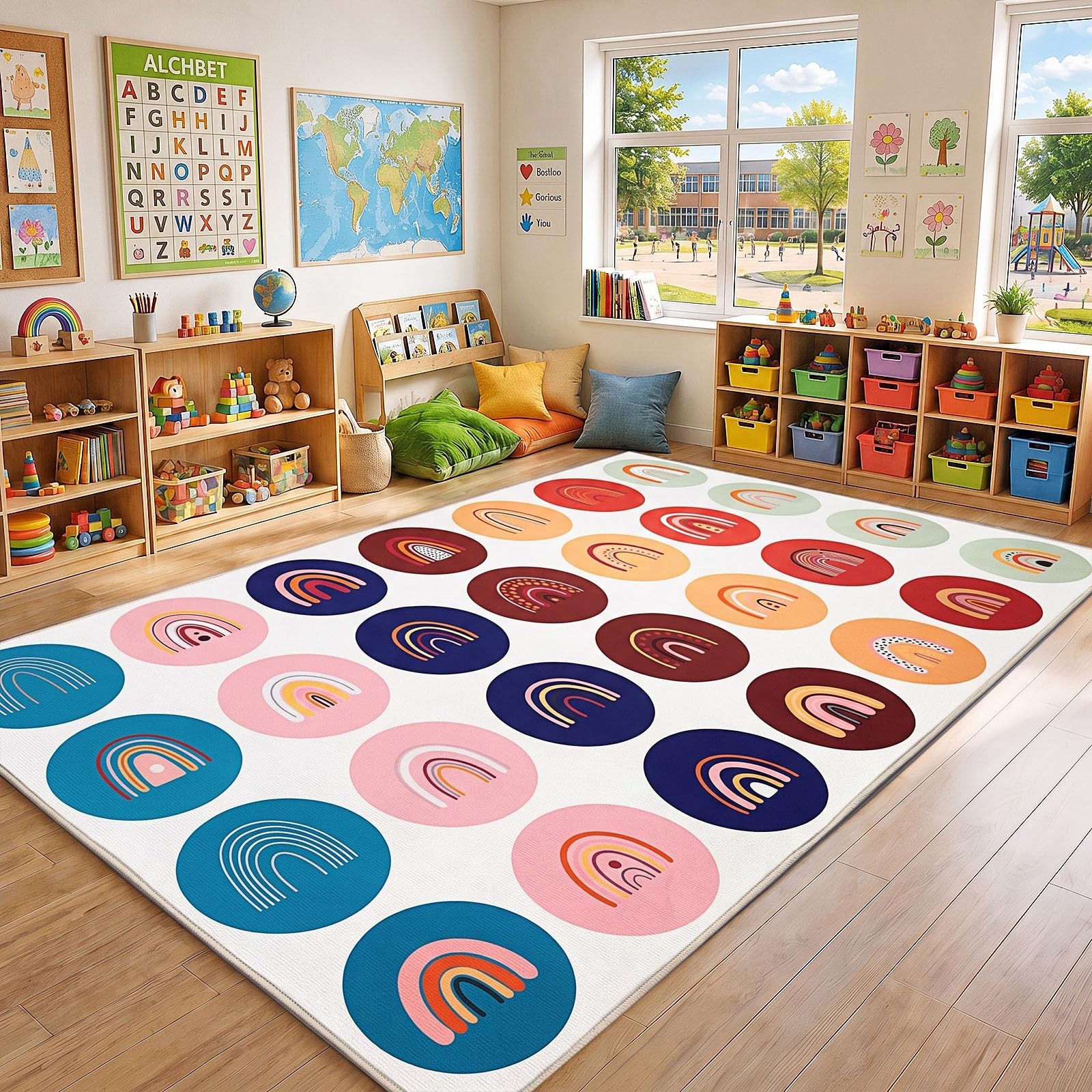 Moucuny 6.5 x 11.5 ft Large Classroom Rug Elementary, Back to School Pastel R…