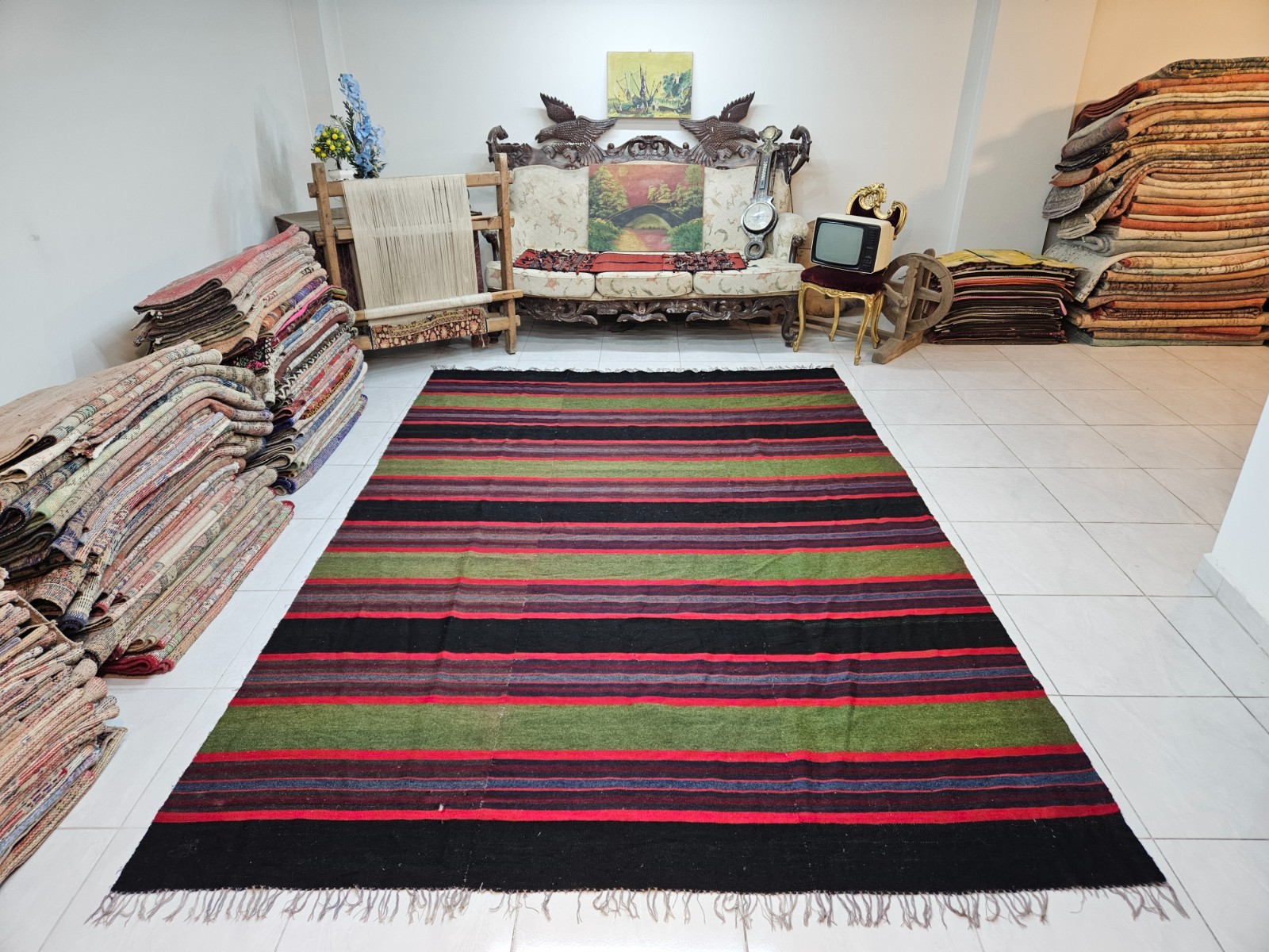 6.9 x 10.2 ft Vintage Turkish Kilim, Handmade Striped Rug, Bohemian Green Rug