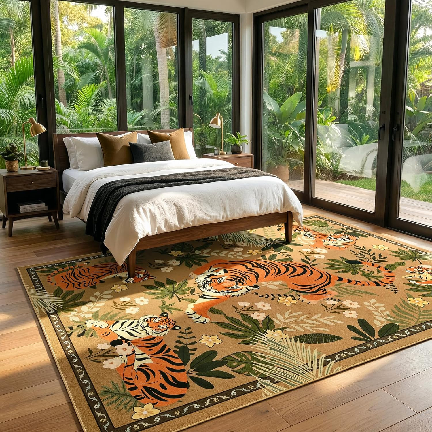 Vintage Tiger Area Rug 8×10, Washable Non-Slip Boho Carpet for Living Room