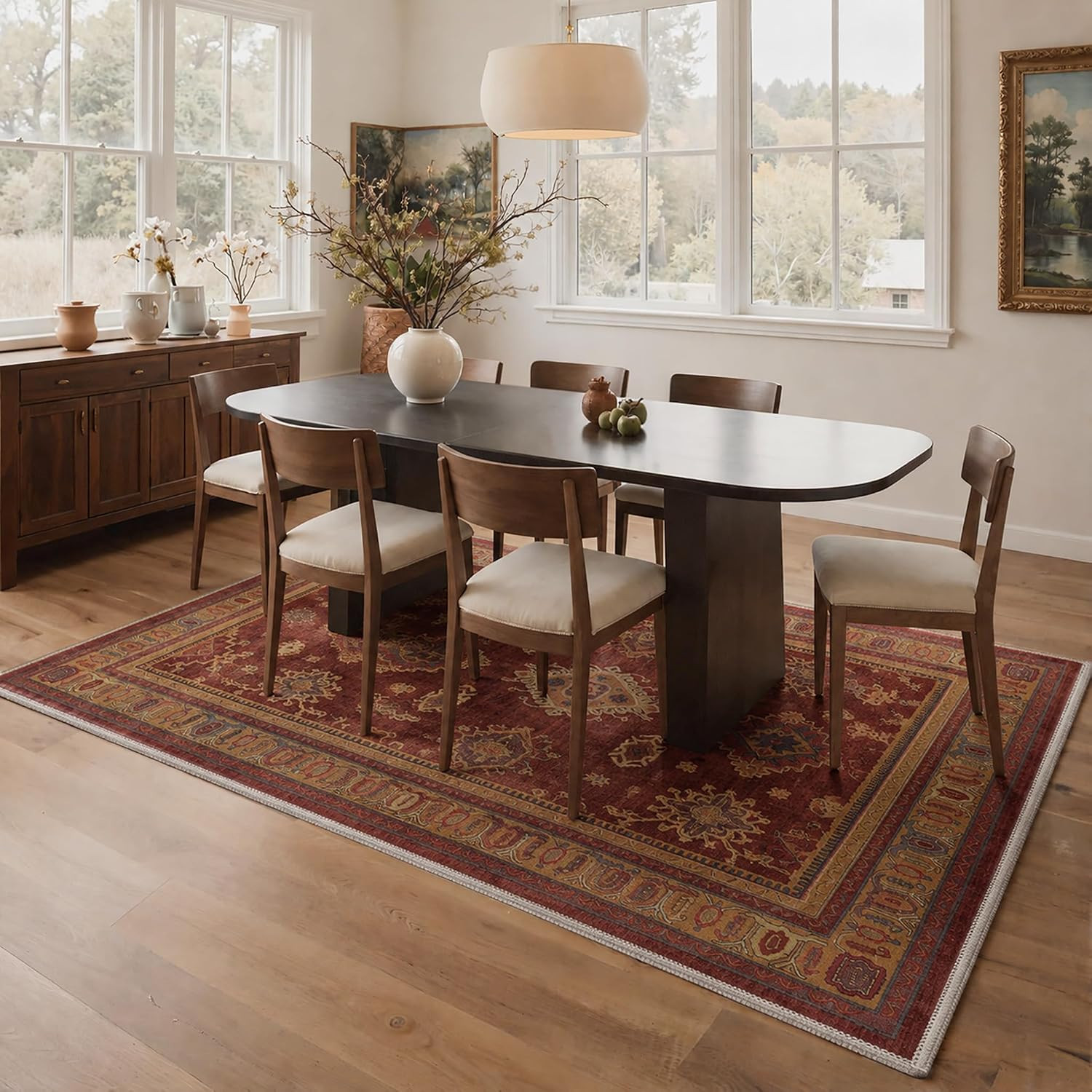 6X9 Washable Area Rugs for Living Room Bedroom Non Slip, Burgundy | Vintage Diam