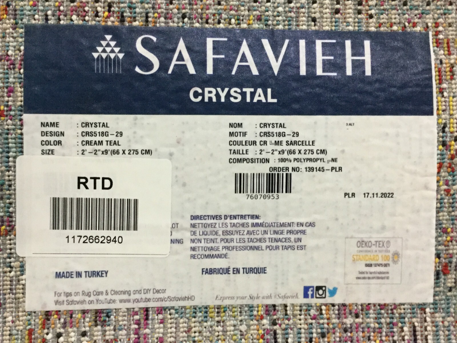 CREAM / TEAL 2′-2″ X 9′ Flaw in Rug, Reduced Price 1172662940 CRS518G-29