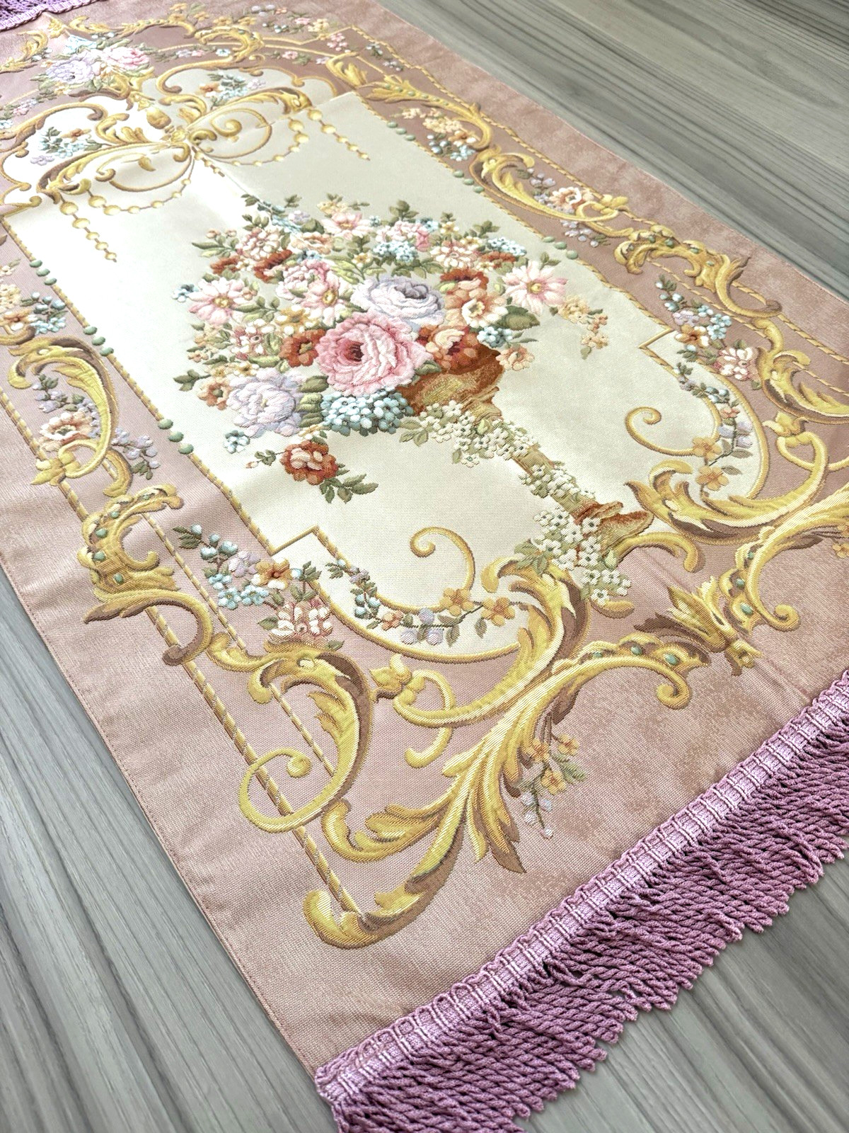 Pink & Gold Floral Vase Turkish Prayer Rug 48×26 – Silk Viscose Seccade Mat gift