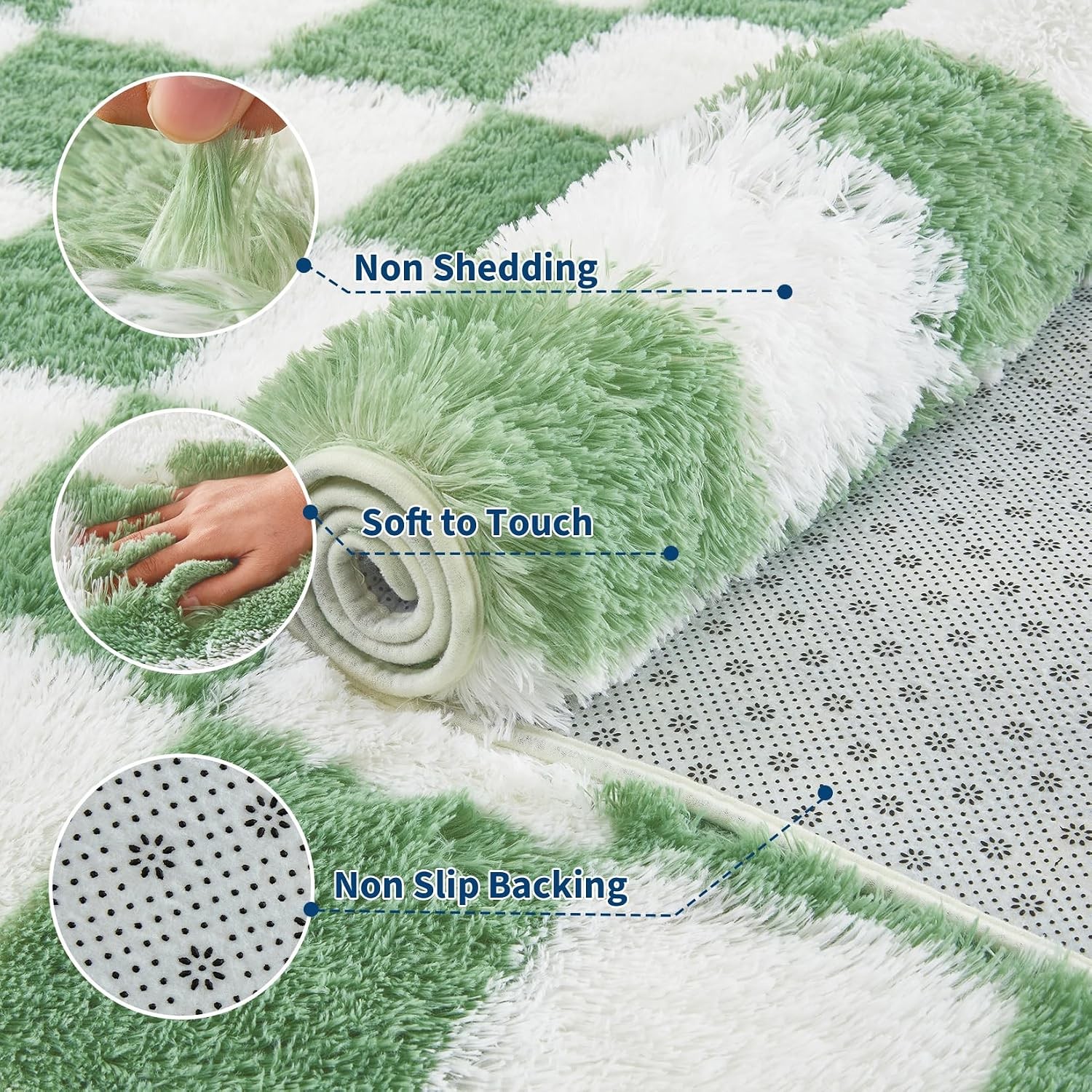 Modern Checkered Plush Shag 8×10 Washable Area Rug Non Slip Living Bedroom Home