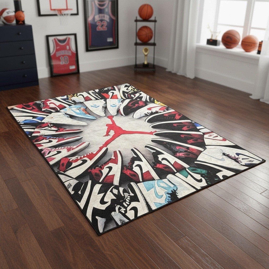 Air Jordan Jumpman Nike Sneaker Collage Area Rug Red Black White AJ1 47×69