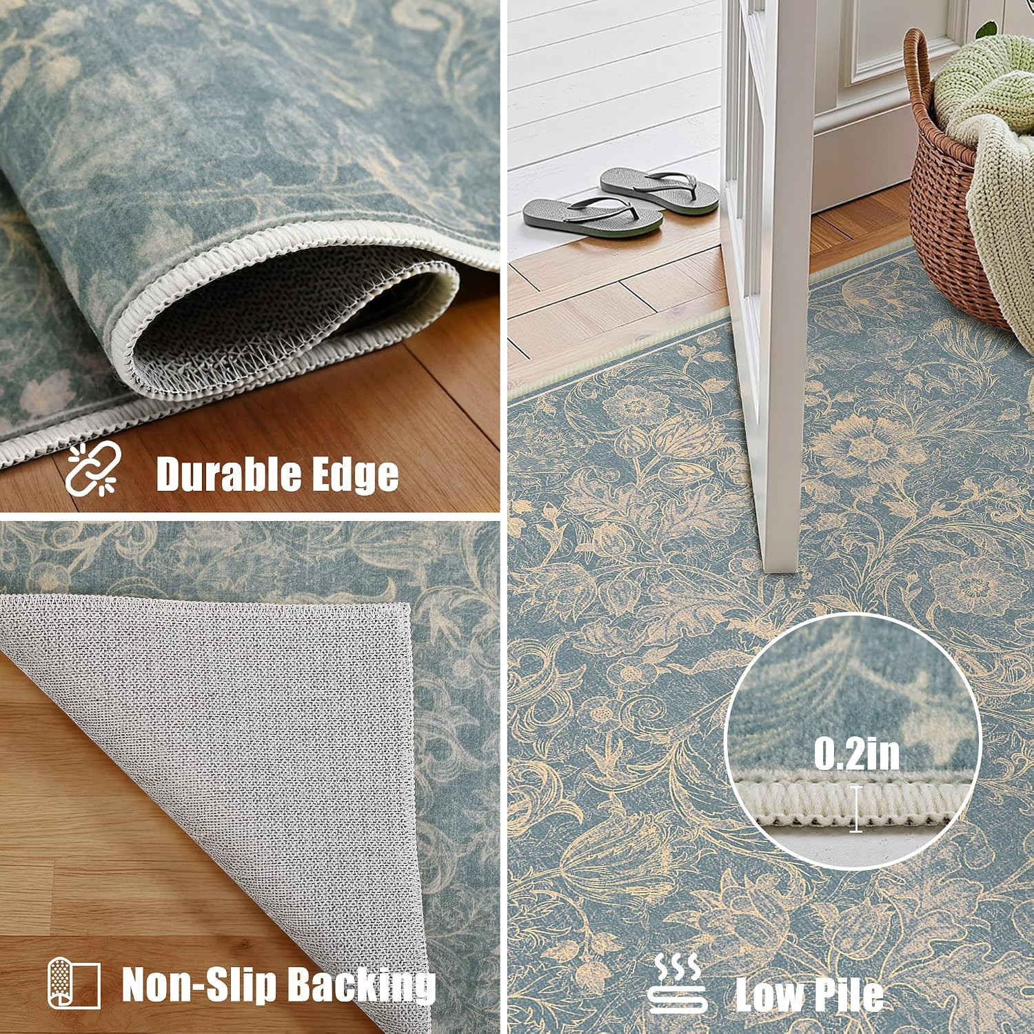Washable Floral Area Rug 2×3, Vintage Farmhouse Botanical Rug, Non Slip Low Pile