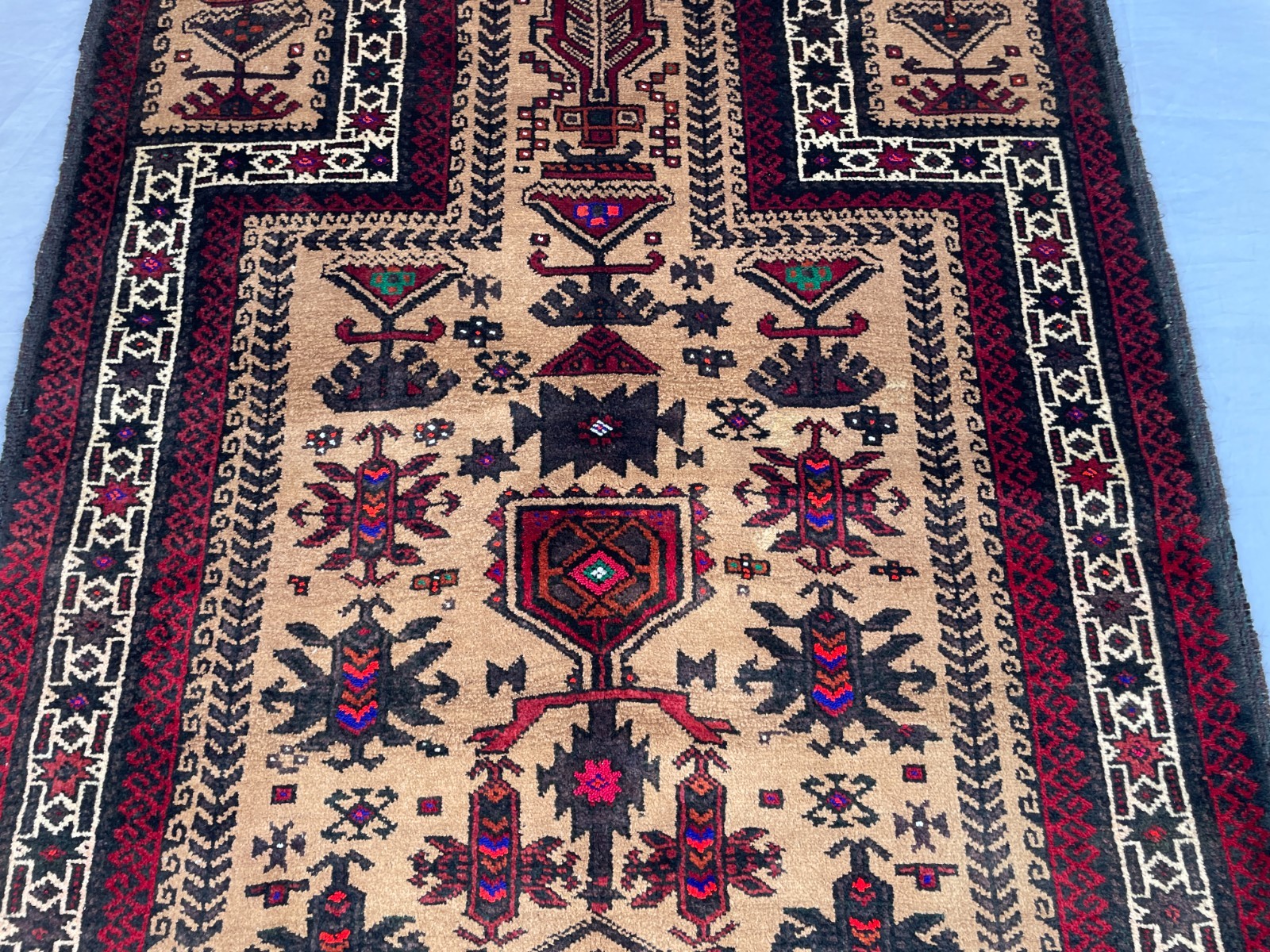 3×4 Handmade Baluchi Tribal Rug Afghan Wool Carpet Beige Red Geometric Nomad