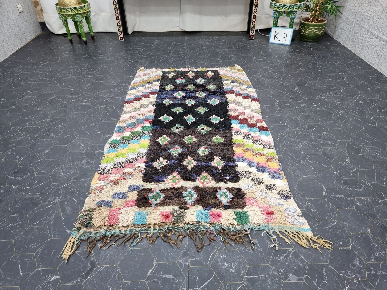 Moroccan Handmade Vintage Boucherouite 3’6″x6’4″ Geometric Pink Cotton Carpet