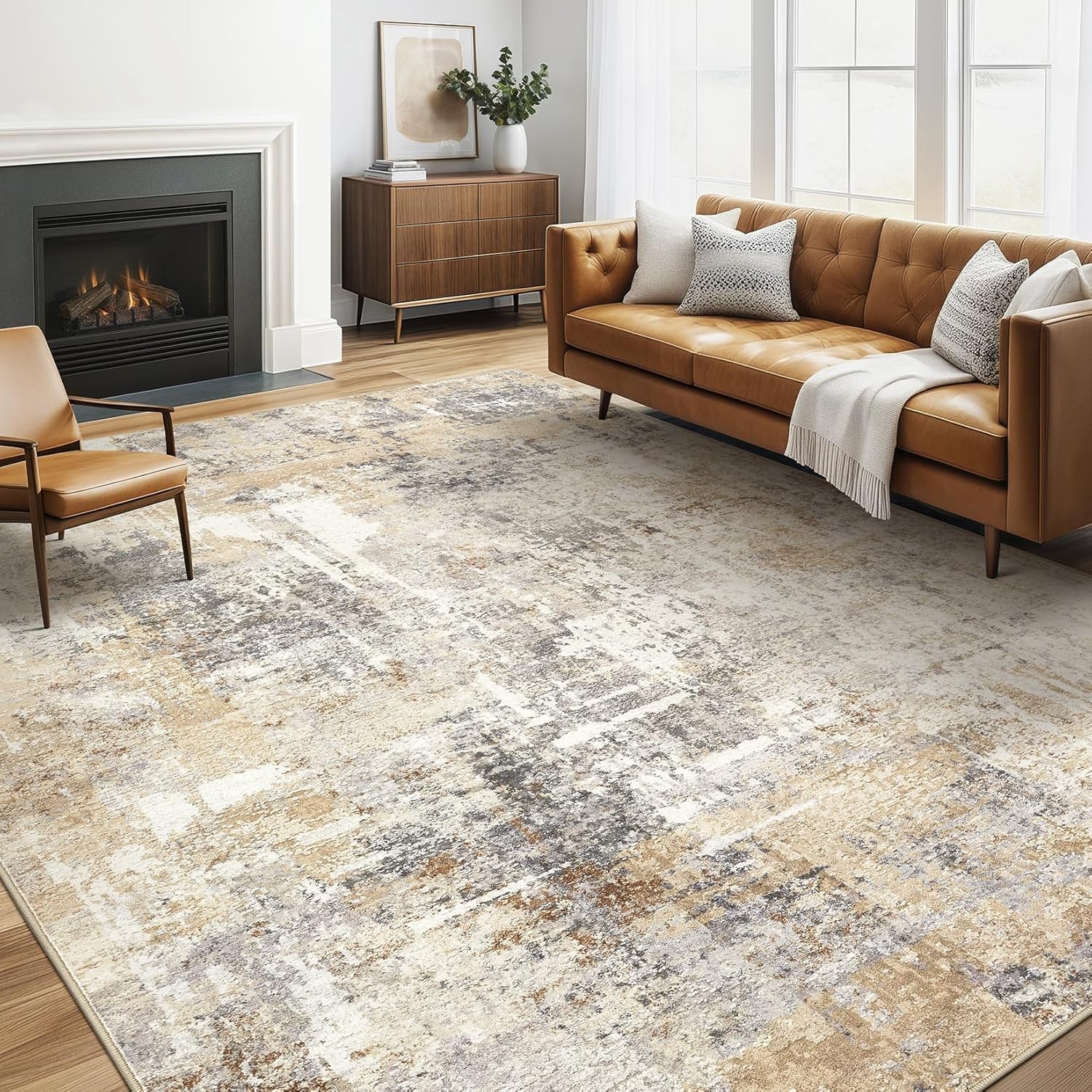 Area Rug Living Room Rugs: 5×7 5′ x 7′ (Rectangular) Abstract Gray Gold