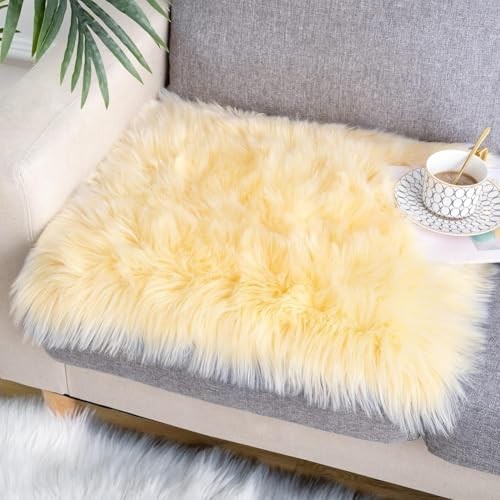 Faux Fur Sheepskin Square Chair Cover Seat Pad Wool Area Rugs Mat Carpet (Lig…