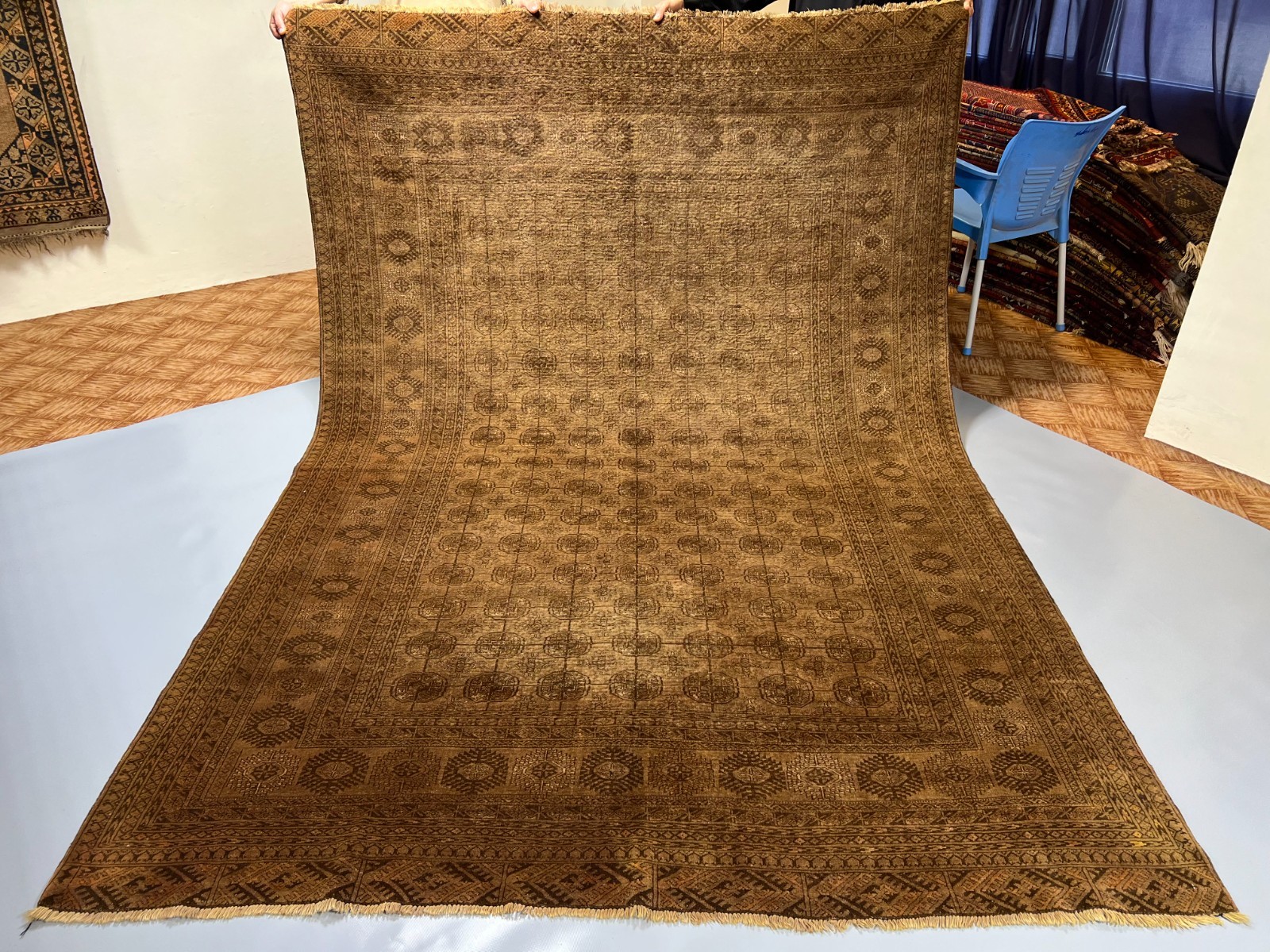 6×9 Vintage Turkoman Rug Hand-Knotted Afghan Wool Carpet with All-Over Gul