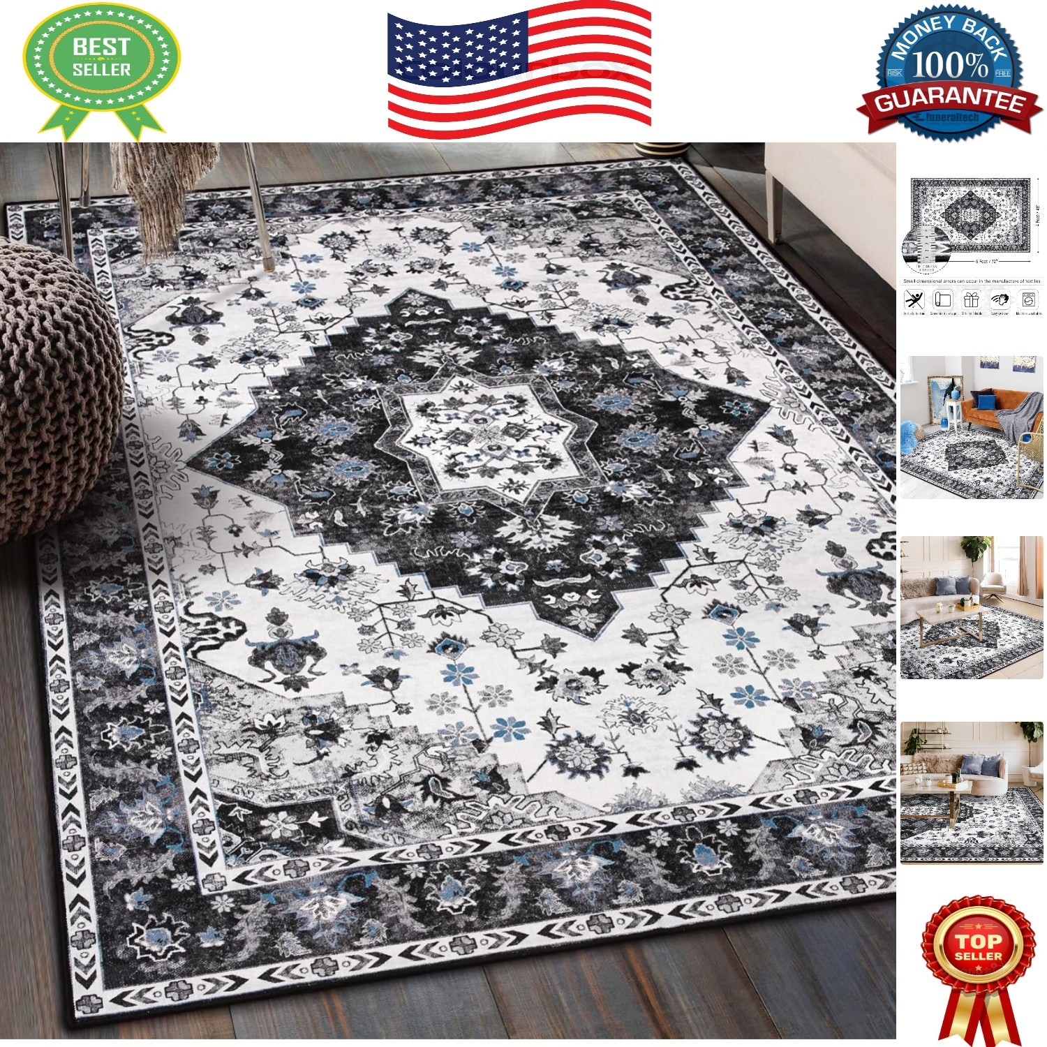 Soft & Durable Vintage Floral Rug 4×6 – Low Pile, Machine Washable Home Decor