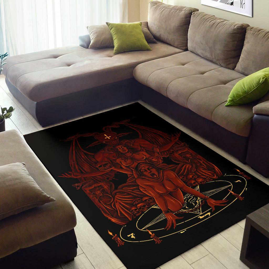Skull Baphomet Serpent Satanic Pentagram Demon Inception Throne Area Rug Red