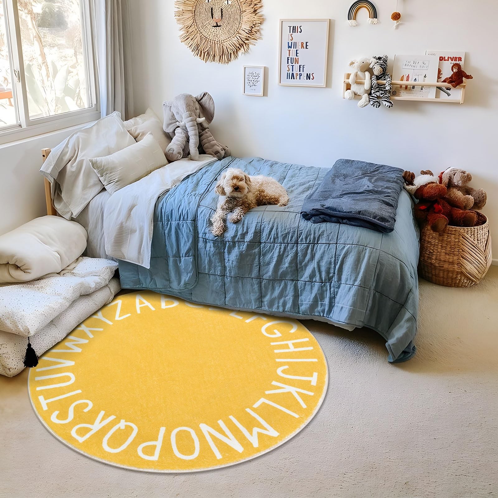 Topotdor Round ABC Area Rug,63 Inch Soft Floor Carpet,Yellow | Washable Alpha…