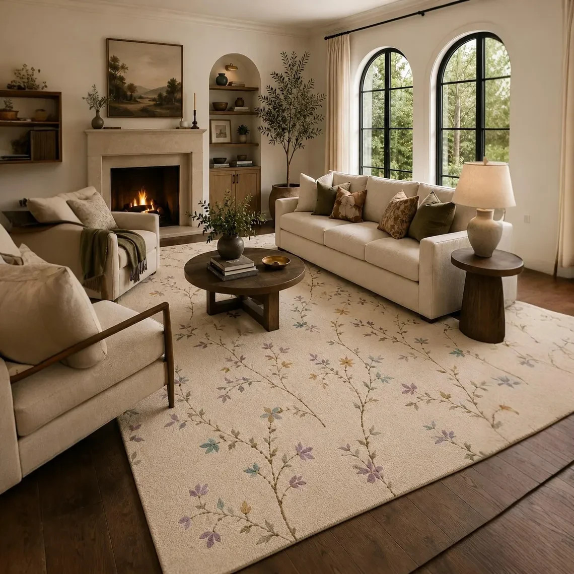 Hand Tufted Floral Wool Rug Cream Botanical Pastel Area Living Room Decor Carpet
