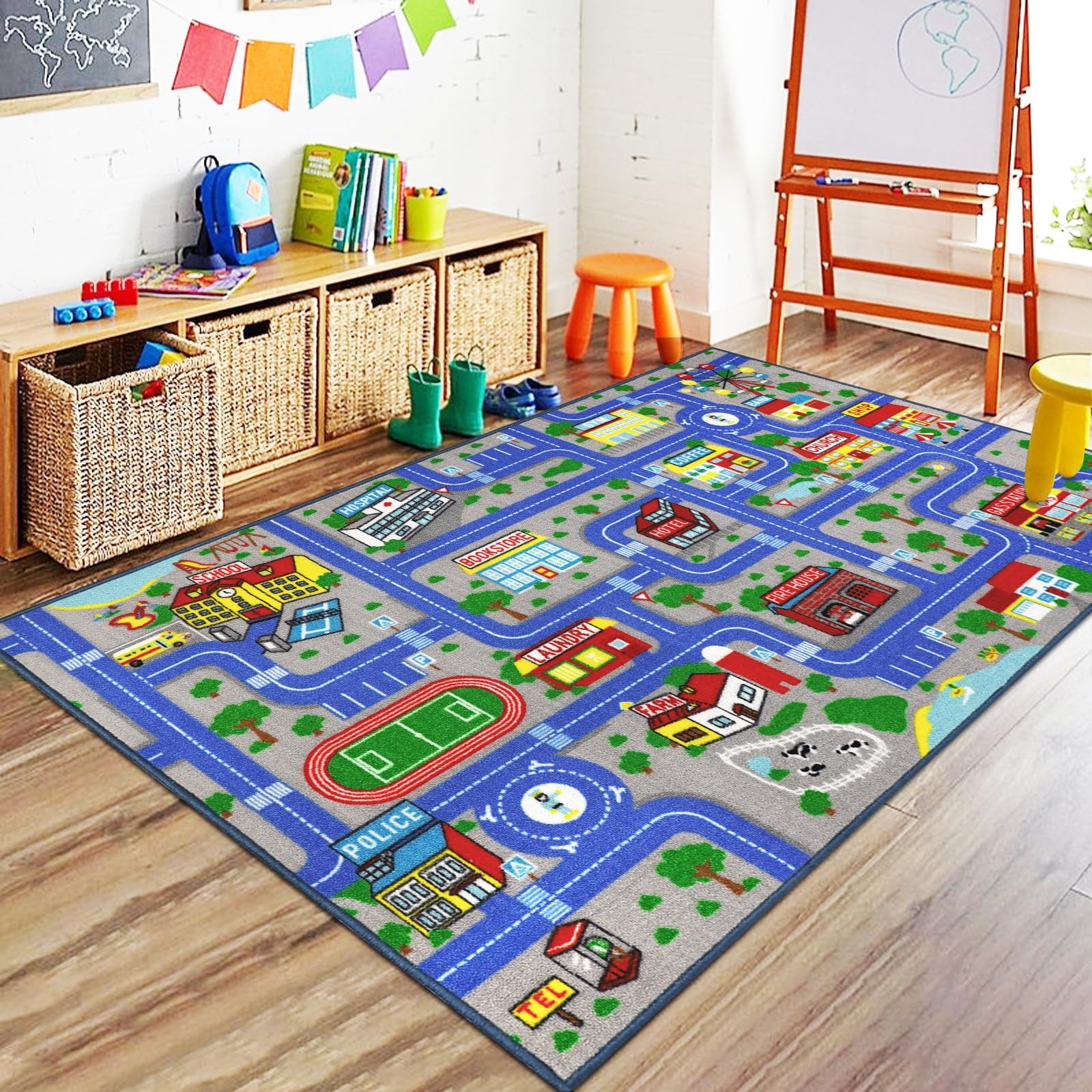 Blue Car Road Kid Rug Carpet Playmat for Playoom Traffic Road Kids Play Mat f