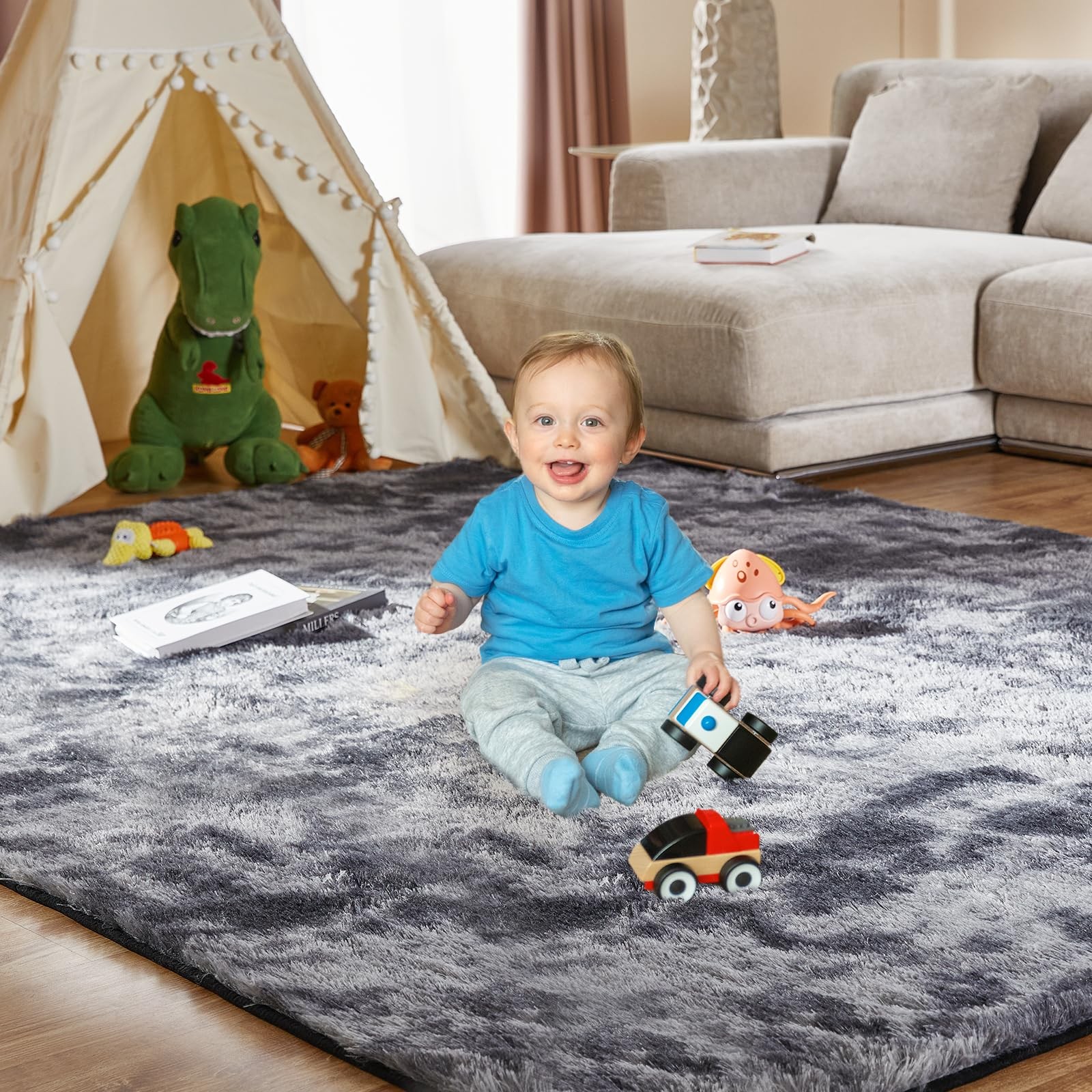 9X12 Feet High Pile Tie-Dye Rug, Dark Grey, Area Rug for Living Room, Plush S…