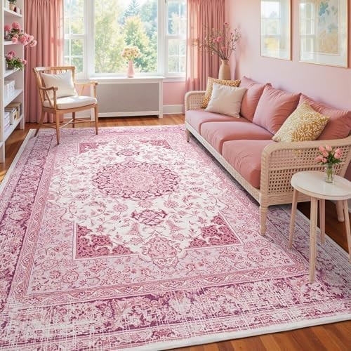 5X7 Bright Pink Area Rug for Living Room, Machine Washable Rugs with Non-Slip Ba