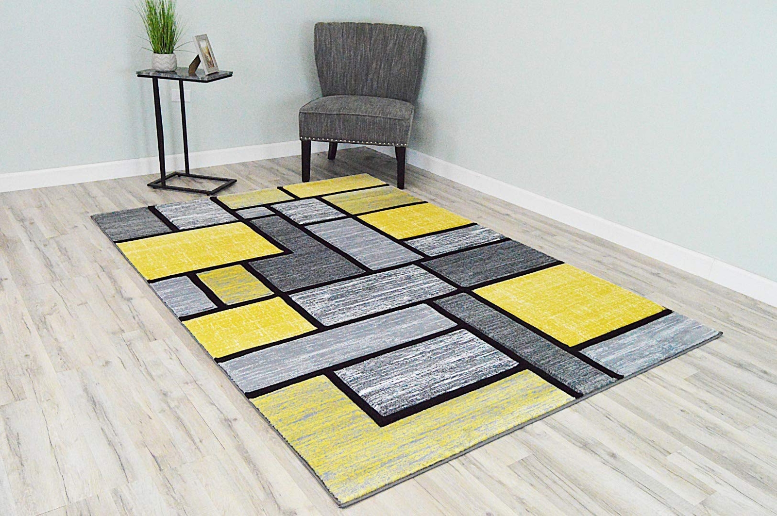 Premium Carved Modern Contemporary Abstract Rug 3995 Yellow Grey 5’3”x7’6”