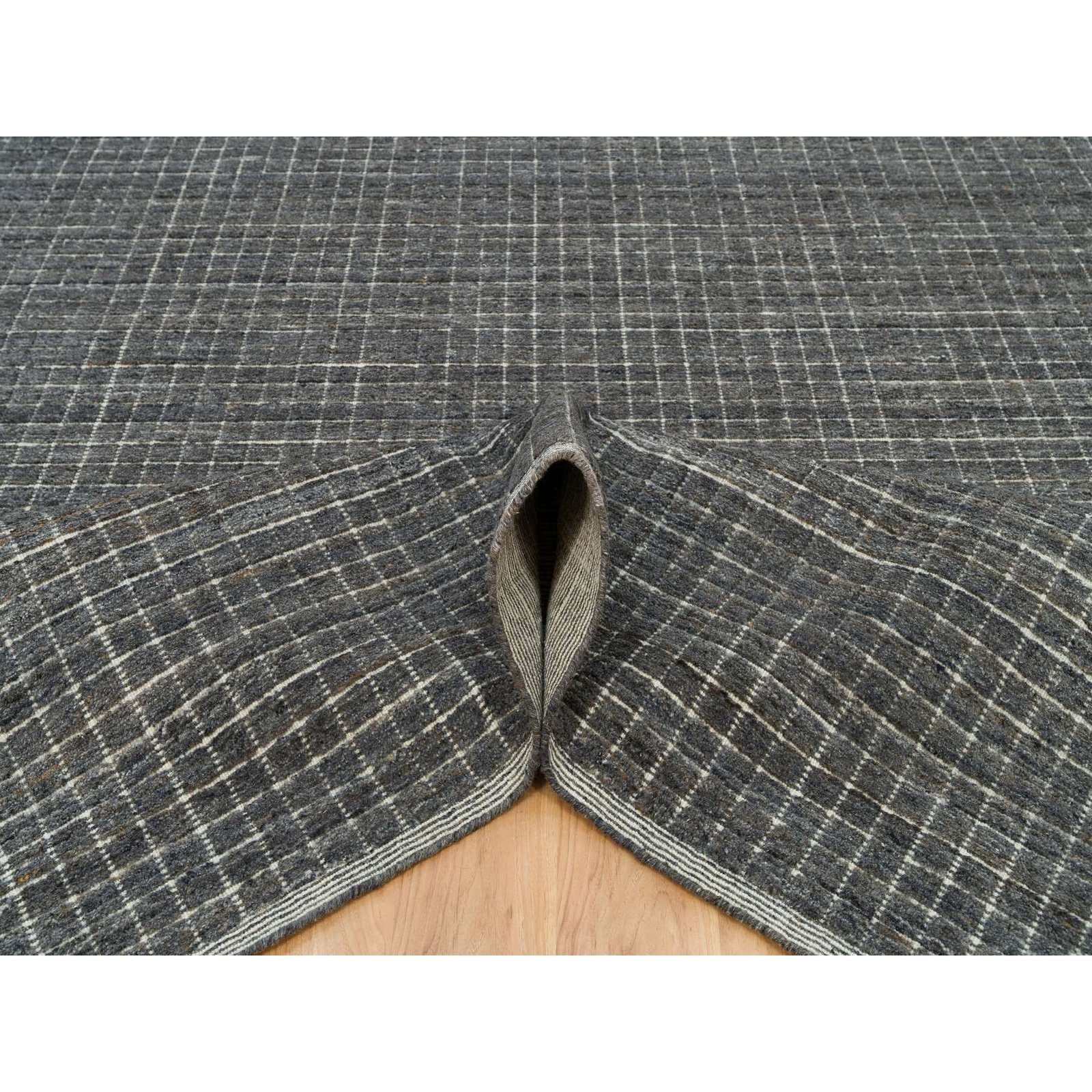 12′ x 14’9″ Gray Loomed Knotted Modern Box Design Pure Wool Oversized Rug R90345