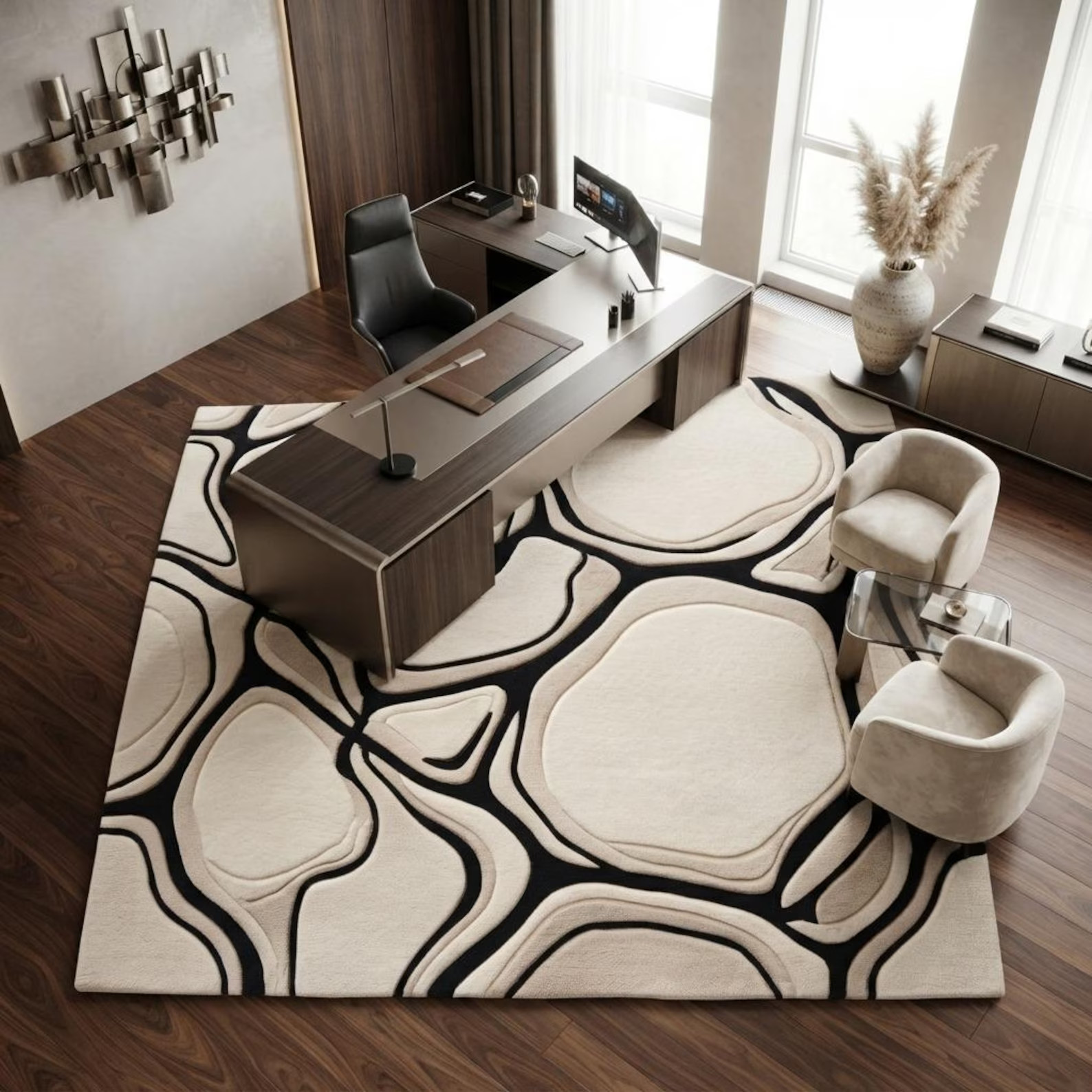 Hand Tufted Wool Area Rug Organic Modern Abstract Carpet Black Ivory Luxury Home