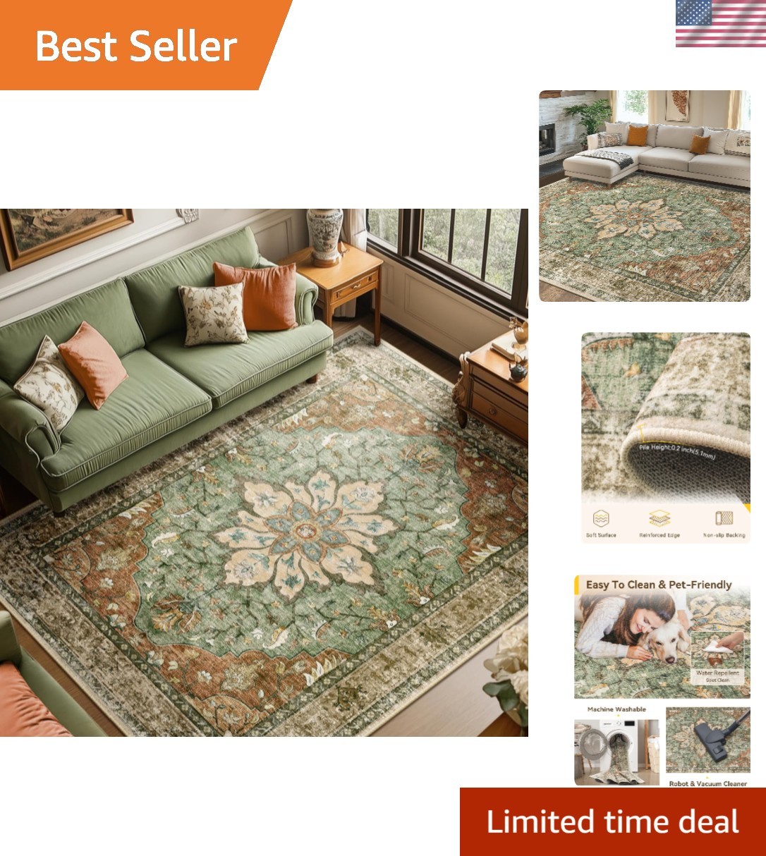 Elegant 8’x10′ Distressed Floral Area Rug – Machine Washable & Stain Resistant