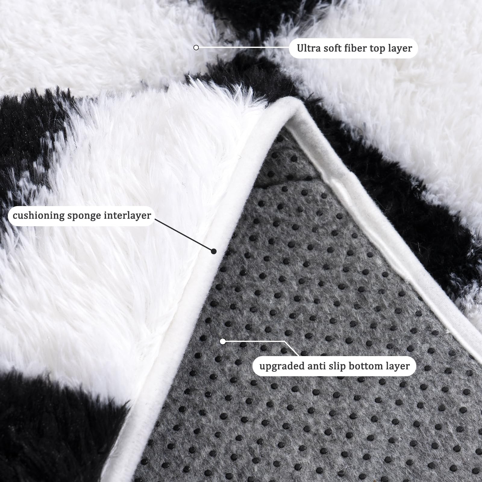 Quntue Checkered Rug For Living Room 8X10 Ultra Fluffy Fuzzy Shag Black And
