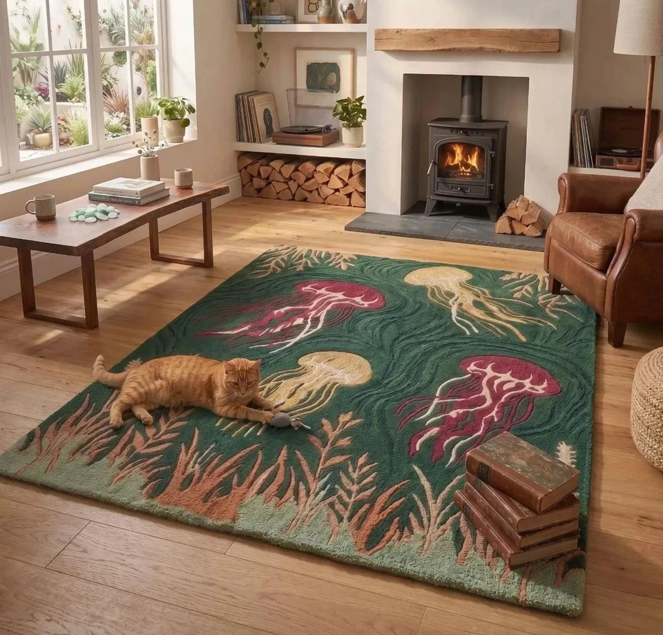 Hand-Tufted Wool Jellyfish Rug: Ocean Nursery Carpet, Coastal Living Room Mat