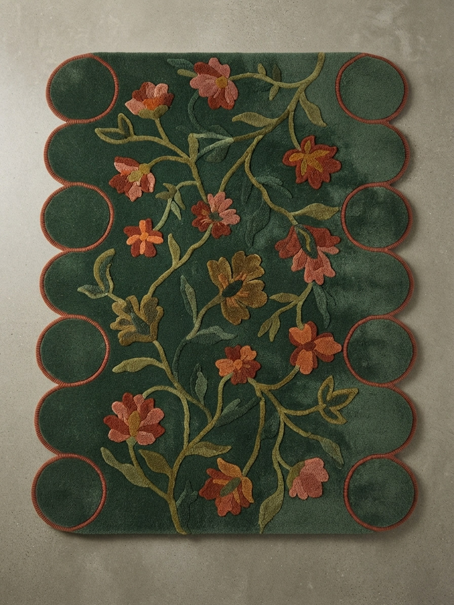Handmade Floral Wool Rug Green Scalloped Irregular Botanical Area Rugs Carpet