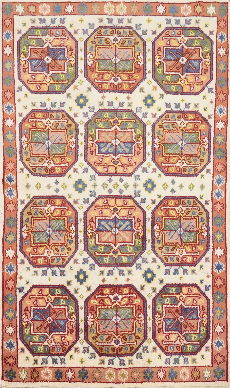 Ivory Kazak Accent Rug 4×6 Hand-knotted Wool Geometric Traditional Carpet