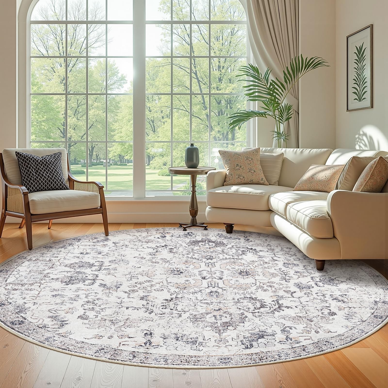 8ft Vintage Floral Round Rug, Circle Washable Rug, Grey
