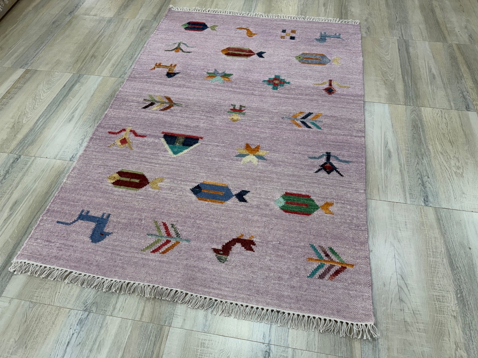 Tribal Handwoven Wool Rug 4×6 Lavender Flatweave Scandinavian Folk Art Kilim Rug