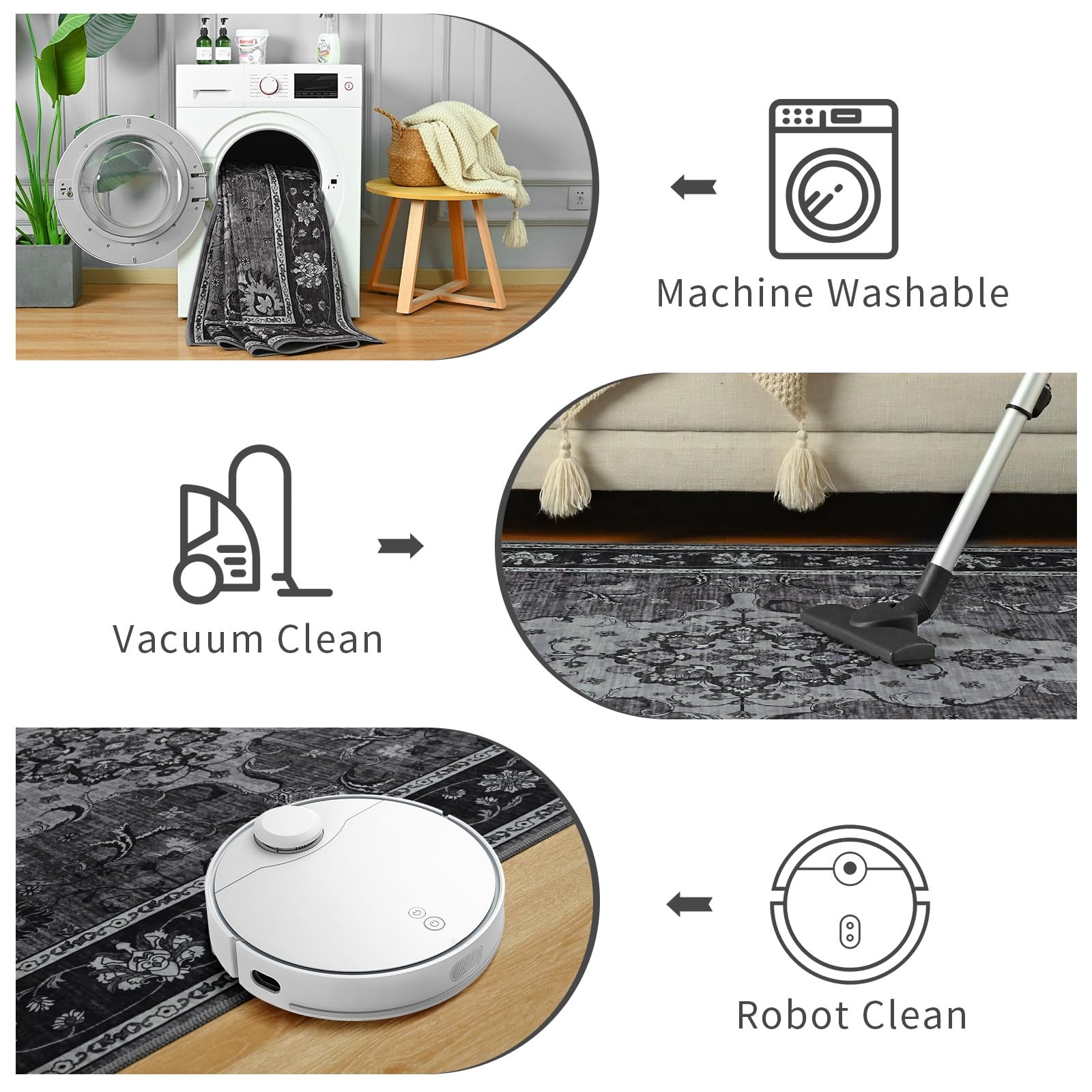3×5 Area Rugs for Bedroom, Machine Washable 3′ x 5′ (Rectangular), Black/Grey