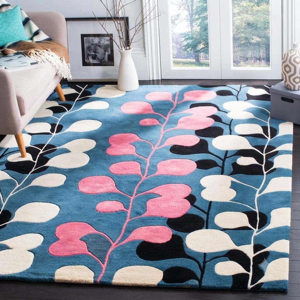 Hand Tufted Wool Area Rug Blue Pink Leaf Branch Modern Contemporary Botanical