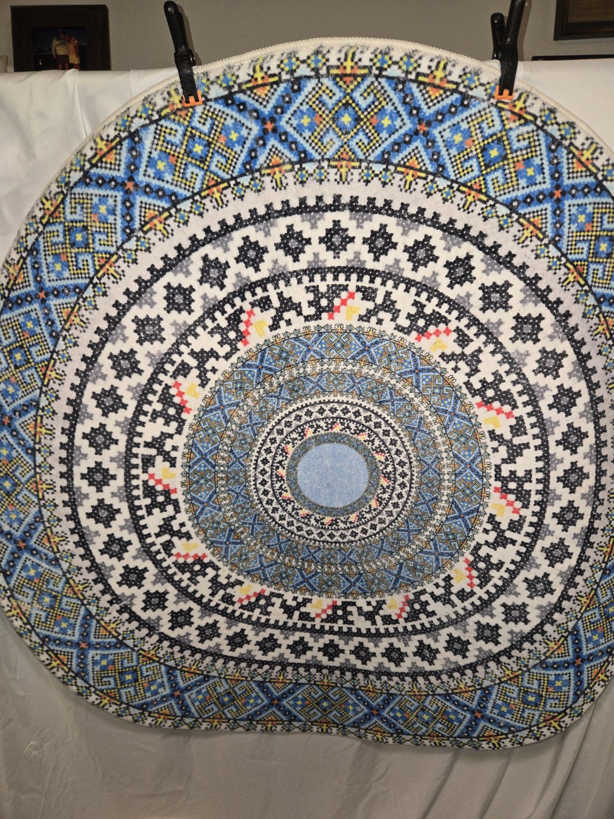 Round 5 ft Blue White Black Geometric Cotton Flatweave Area Rug