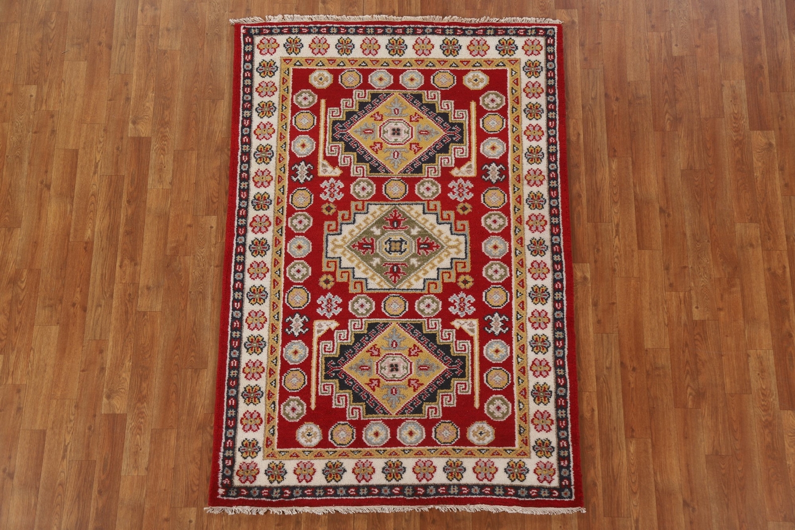 Geometric South-west Design Deep Red 4×6 ft. Kazak Indian Rug Thick Plush Rug