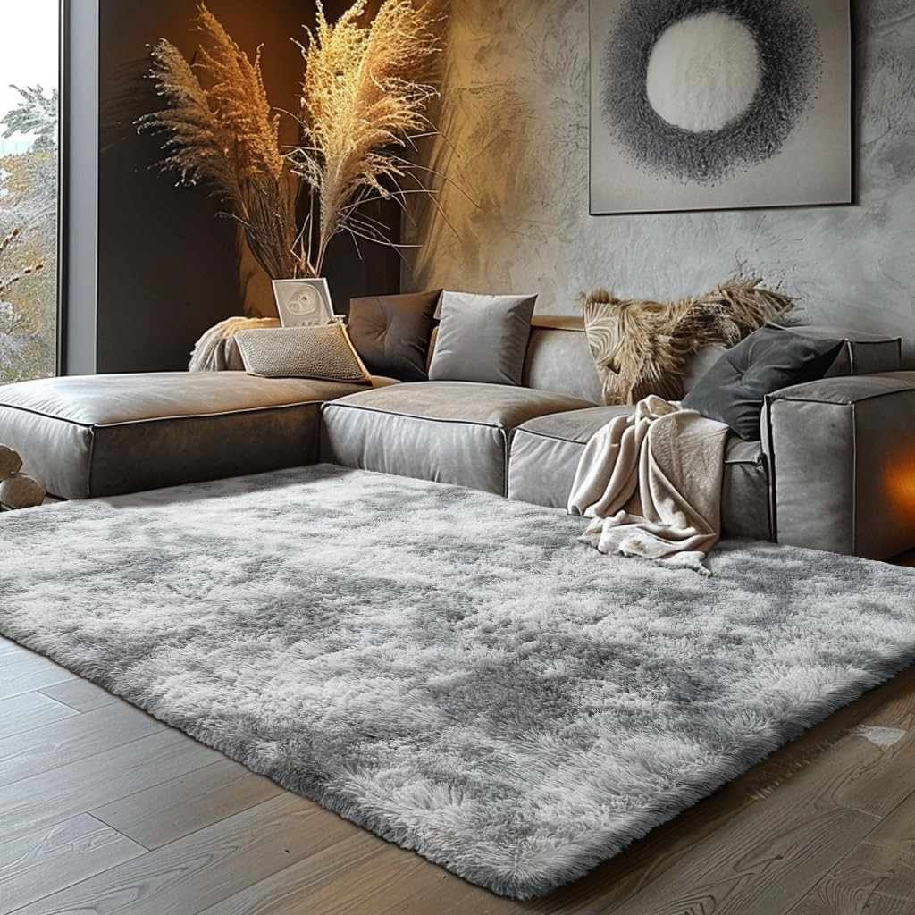 Shag Area Rug 4×6 Ultra Soft Fluffy Tie-Dye Grey Non-Slip Bedroom Living Room