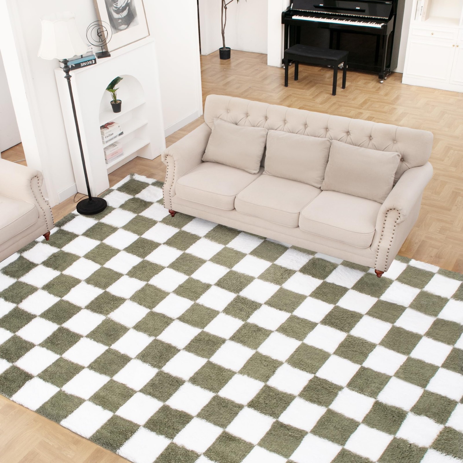 Super Soft Rug for Bedroom, 8×10 Ft Green and White Area Rug Classic Checkere…
