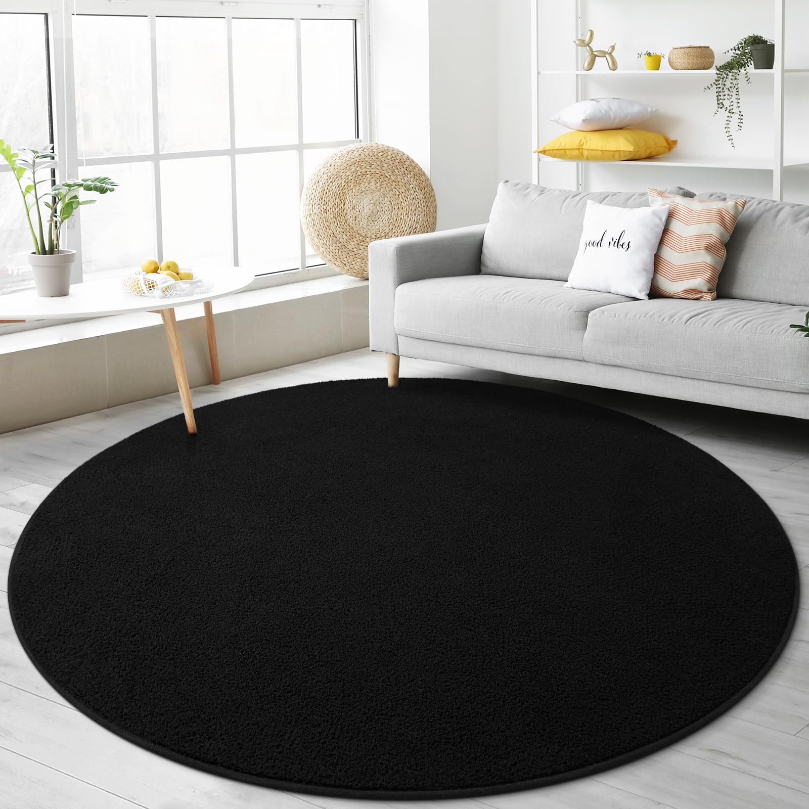 Ultra Soft Round Area Rugs for Living Room Bedroom, 4×4 Feet Black Thickened …