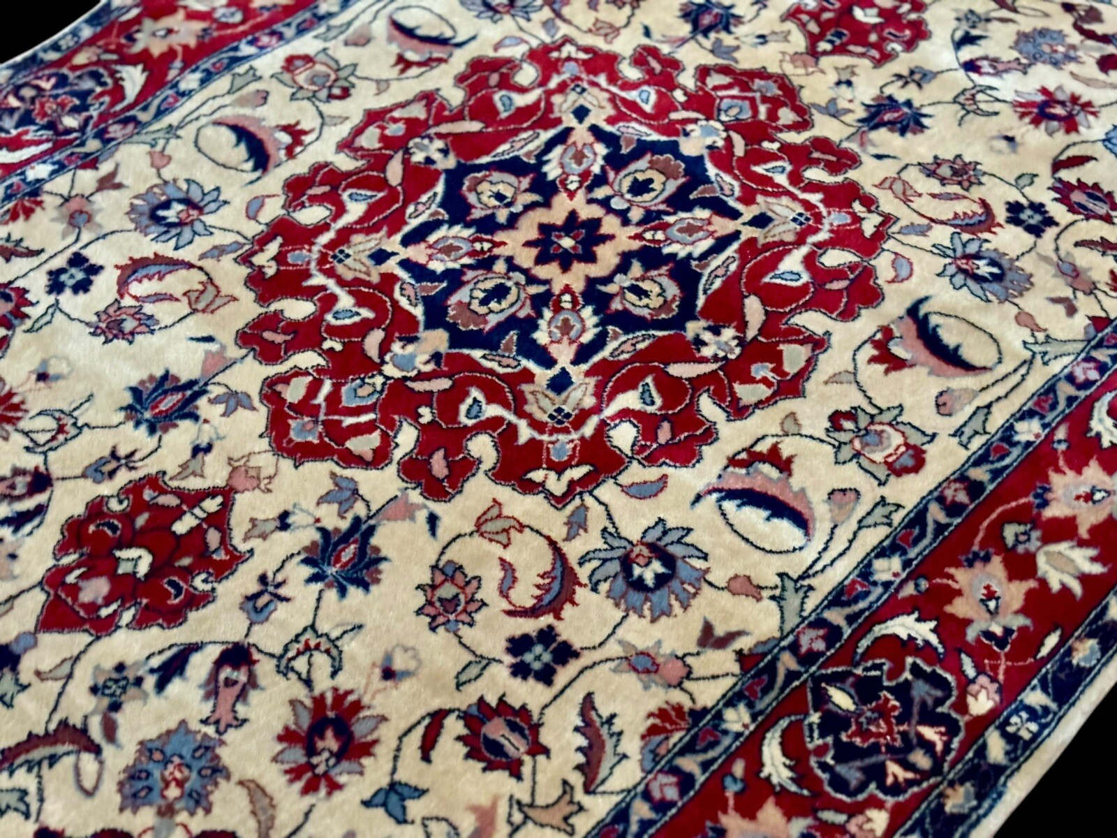 Vintage 3×5 Handmade Wool Floral Burgundy Tan Ivory Pink Navy Blue Medallion Rug