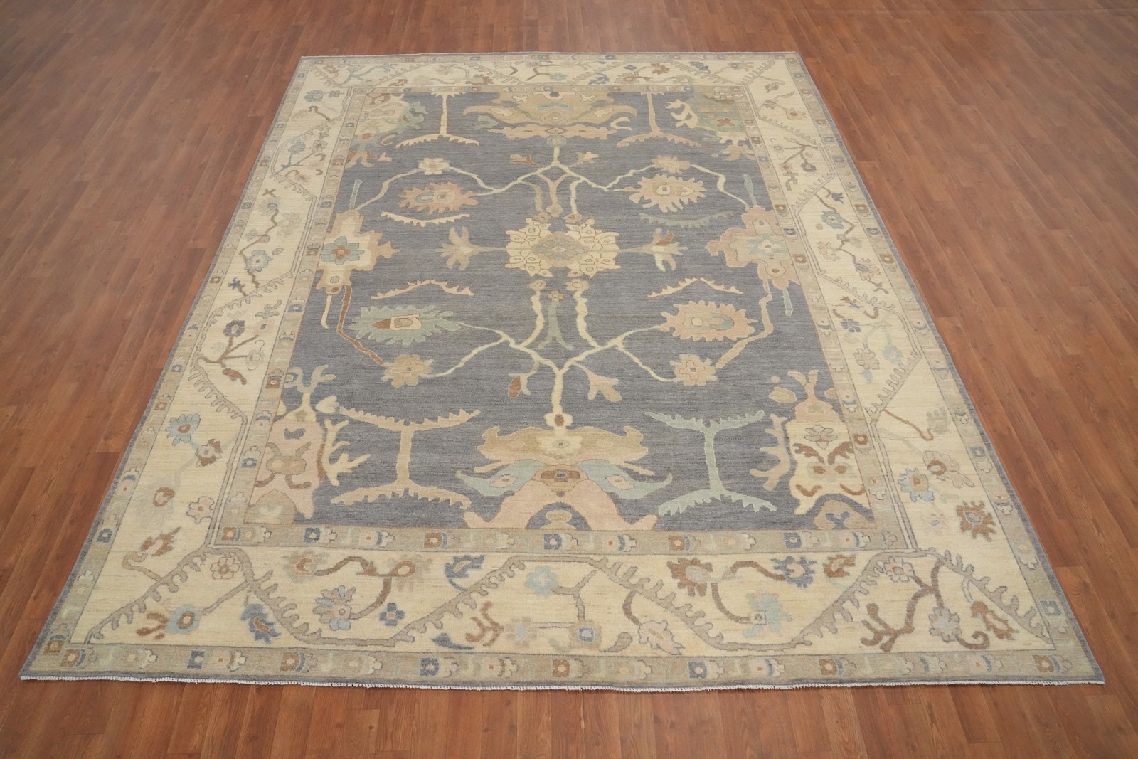 Light Grey Oushak Area Rug 9×11 Ft Handmade Vegetable Dye Oriental Floral Wool